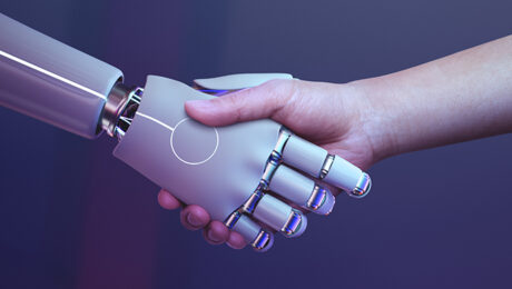 Robot handshake human background, futuristic digital age