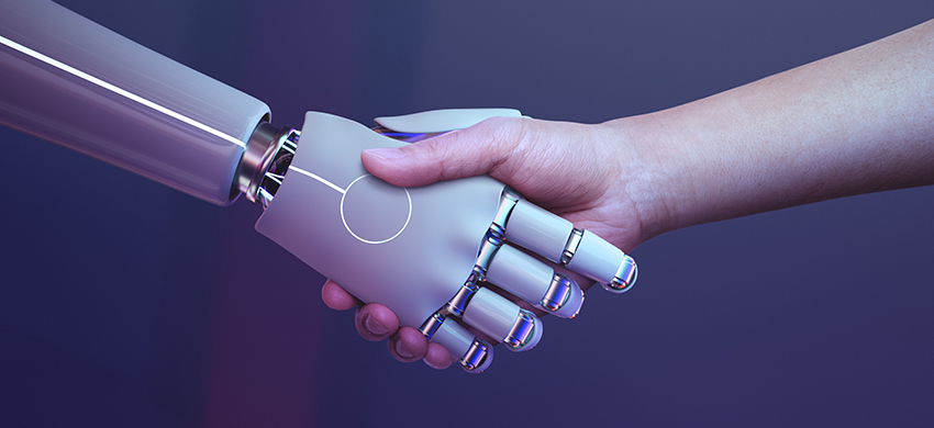 Robot handshake human background, futuristic digital age