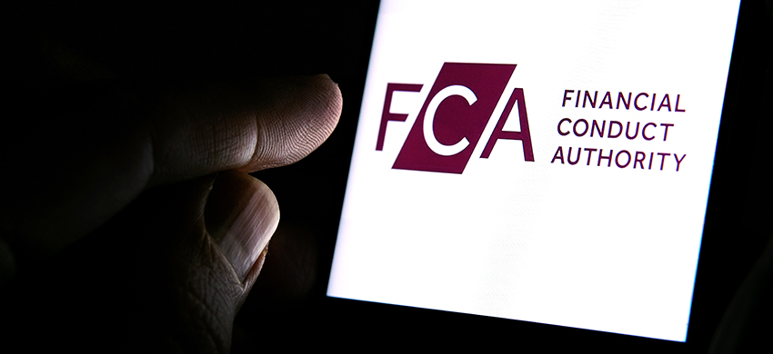 FCA Financial Conduct Authority logo on the smartphone and finge